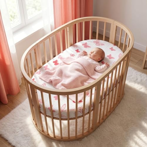 Image of 100% Muslin Baby Bassinet Sheets for Baby Boy Girls,4-Pack Fitted Bassinet Sheets Set Compatible with Halo Bassinest Swivel Sleeper,Baby Delight,Angelbliss,32 inchX16 inch (Pink Butterfly)