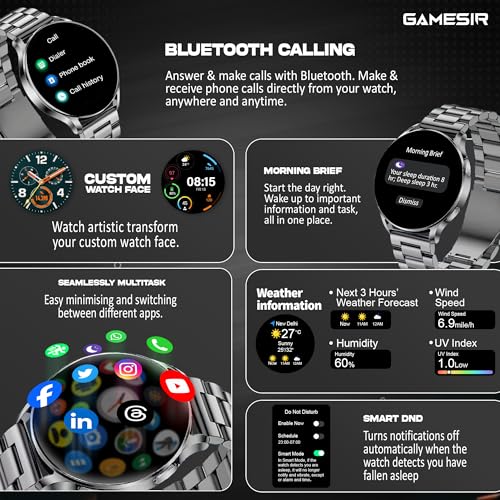 Image of GameSir Active 5 Smart Watch AMOLED Display 1.3 inch Screen, 360 * 360 Resolution, IP68 Waterproof with Multiple Watch Faces Bluetooth Calling Round Dial Smartwatch for Men & Women (Metal-Silver)