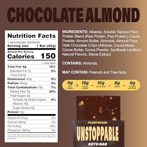UNSTOPPABLE Vegan Protein Bars, High Protein, Plant Based, Gluten Free, High Fiber, Low Carb, Low Calorie, Healthy Snacks, No Sugar, Keto Energy Bar, Chocolate Almond, 12 Count