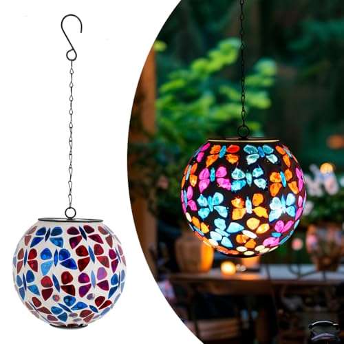 Lanternes solaires en verre rouge et bleu avec papillon coloré pour jardin