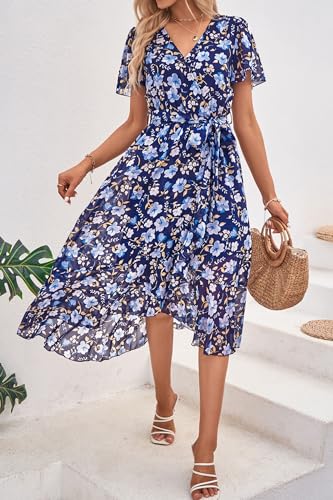 PRETTYGARDEN Women's Summer Floral Boho Maxi Dress Wrap Short Sleeve V Neck Ruffle A-Line Flowy Wedding Guest Long Dresses