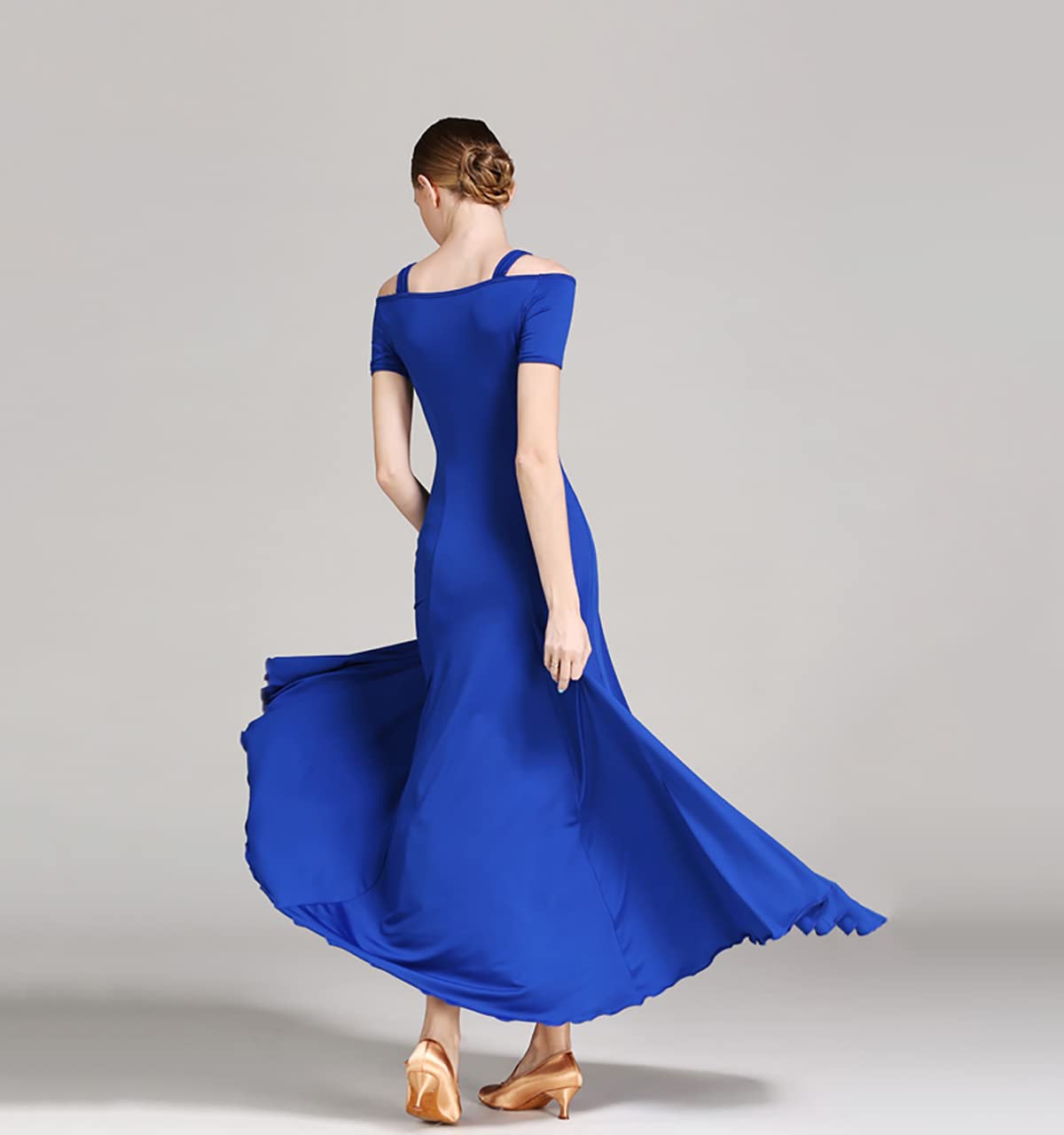 Kobieta? moda seksowna sukienka na ramię solidna długa sukienka na imprezę elegancka sukienka nowoczesna walc ubrania do tańca balowego taniec duża spódnica swingowa odzież performance (L, niebieski)