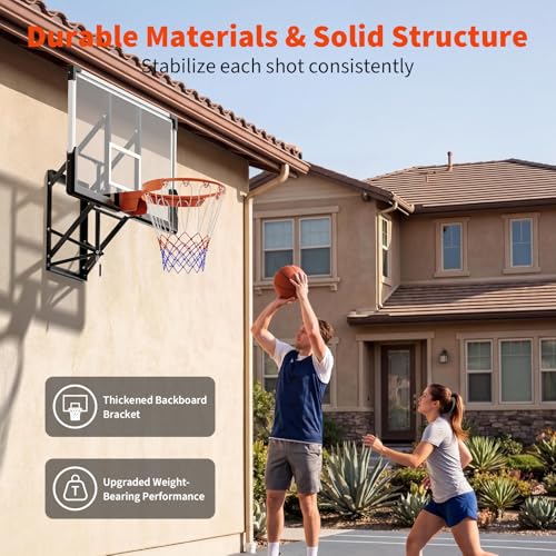 Image of 54 Inch Wall Mounted Basketball Hoop, 8-10 FT Adjustable Height Shatterproof PC Backboard Basketball Goal with 18 Inch Solid Rim for Indoor & Outdoor Use, Home, Gym, Backyard