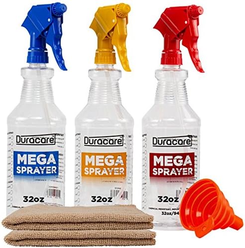 Duracare Spray Bottles for Cleaning Solutions, Industrial Strength, Chemical Resistant and Leak Proof 32oz Plastic Spray Bottles (3 Pack) Adjustable Nozzle - 2 Microfiber Cloths & Collapsible Funnel