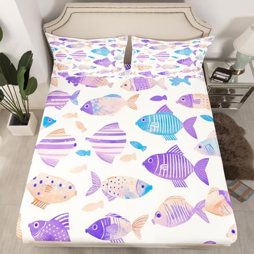 Image of jejeloiu Fish Bed Sheets Set Full Size Ocean Sea Animal Deep Pocket Fitted Sheet Marine Theme Bedding Sets Marine Theme Soft Bed Set 4Pcs with 2 Pillow Cases