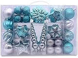 AUXO-FUN 73ct Assorted shatterproof Christmas Ornaments Luxury Collection Set in Reusable Hand-held Gift Package for Christmas Tree Decoration (Turquoise & Silver)