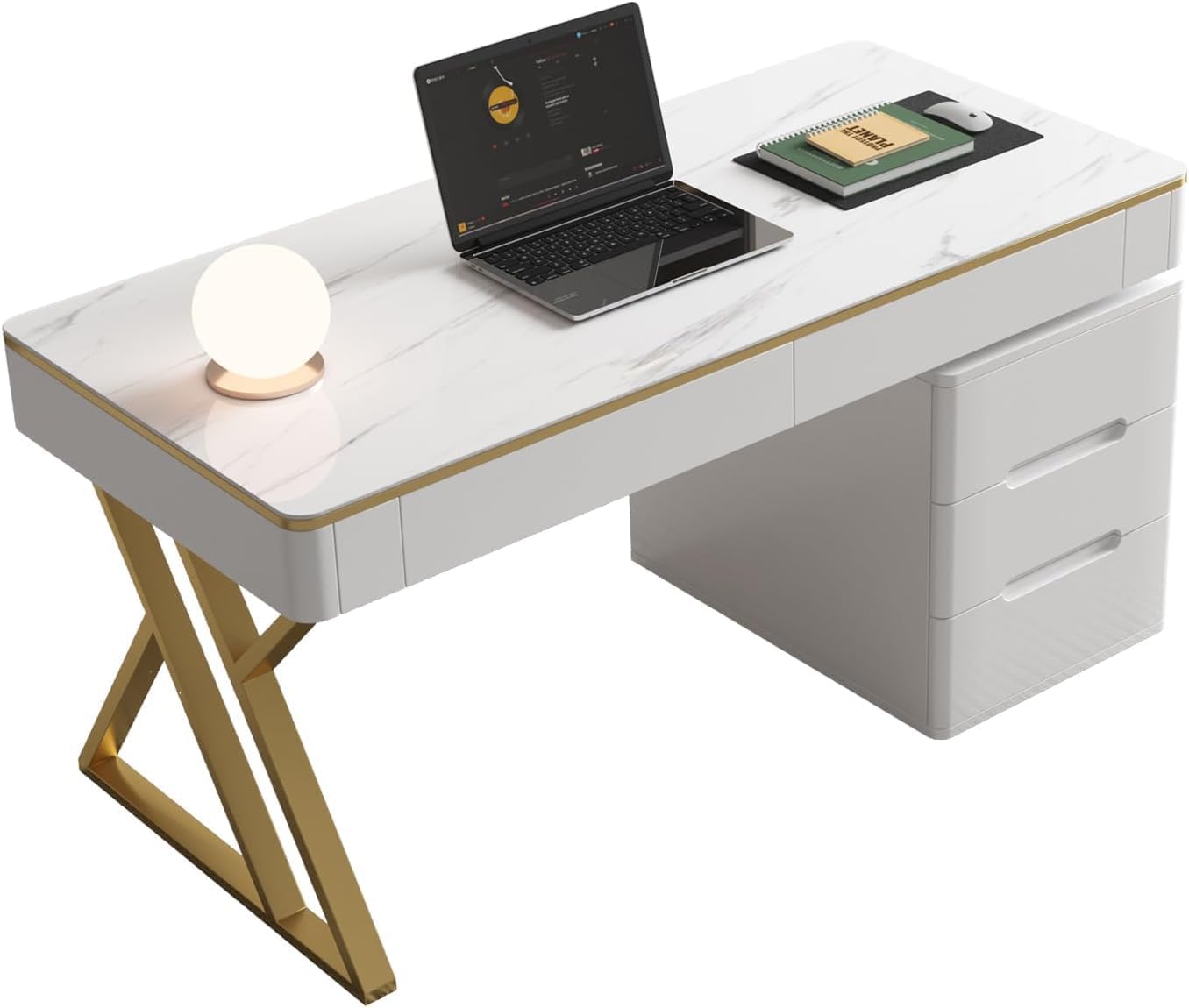 Executive Desk with Drawers, White Computer Desk with Drawers with Tempered Glass Top & Marble Pattern, 47 inch Modern Home Office Desk with Charging Station for Study, Living Room, Bedroom
