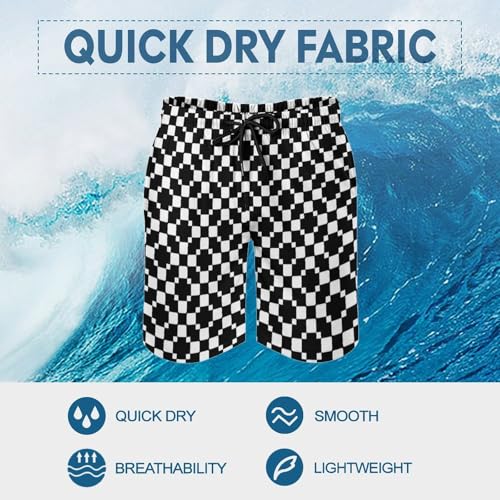 Hawaiian Shorts for Men - Comfy Black and White Checkered Print Mens Swim Trunks Bathing Suits with Mesh Lining3