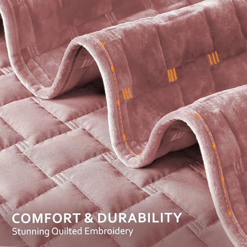 Image of Grassix Velvet Quilt Set King Size, Luxury Geometric Design, Blush Pink | Lightweight Velvet Comforter with 2 Pillow Shams, Soft Bedspread Coverlet, Quilted Bedding Set for All Seasons, 108 inchx96 inch