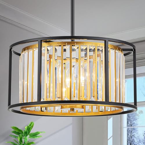 LumFurn 5-Light K9 Crystal Drum Chandeliers, Modern Pendant Light Fixture for Dining Room, Living Room, Bedroom, D18 x 12~58" Adjustable Height, Crystal Shade, Gold & Black Finish by LumFurn - Used condition - US$118.07
