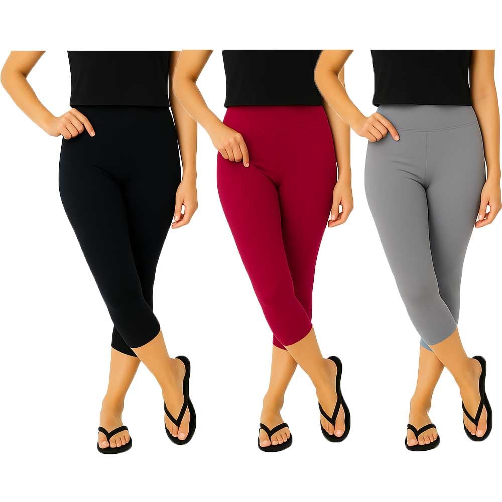 Women’s 3/4th Slim Fit Mid Waist Stretchable Capri Pants for Women & Girls Black, Grey, Pink (Pack of 3)-picture-39
