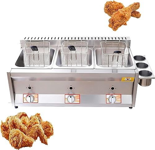 Freidora comercial de acero inoxidable con cestas extraíbles y tapa, ideal para patatas fritas y pavo en el hogar y la cocina