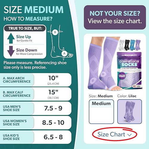 Image of BraceAbility Compression Socks for Circulation - 20-30 mmHg Knee High Neuropathy Open Toe Stockings for Varicose Veins, Swelling, RLS, Medical Toeless Support for Men or Women - 1 Pair (M - Lilac)