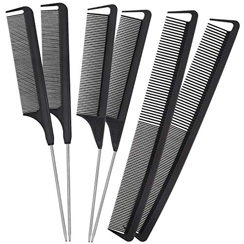 6 Pieces Parting Comb Rat Tail Hair Comb Cutting Comb Set Pintail Comb Carbon Fiber Teasing Comb Styling Comb with Stainless Steel Handle for Braids Salon Home Supplies (Black)