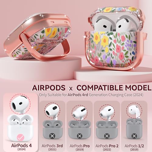 Image of Inesore for AirPods 4 Case Cover 2024 with Lock- Seven Color Flower | Two-Piece Design,with Gold Keychain & Cleaning Pen,Support Wireless Charging,Cute Luxury Case for Women Girly