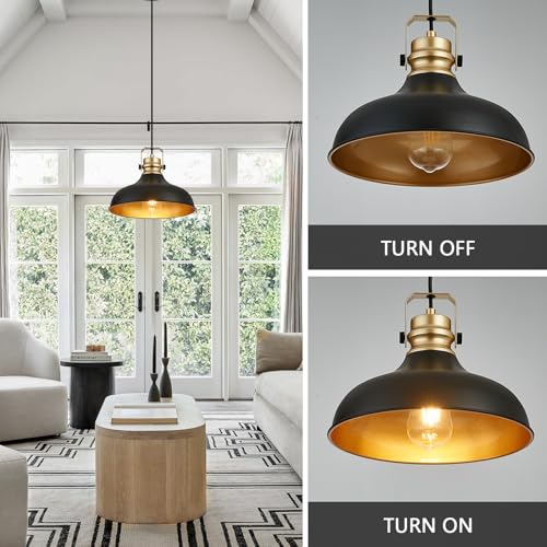 Image of Black and Gold Pendant Lights Kitchen Island Fixtures | ETL Certificate,Industrial Adjustable Height Vintage Dome Hanging Light Fixtures for Barn,Dining Room 2 Pack