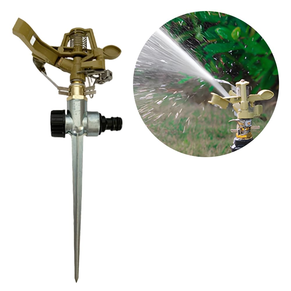 Rengue 360 Degree Rotating Yard Sprinkler 360 Rotatable Lawn Sprinkler, Heavy Duty Zinc Alloy Water for Yard Garden Lawn, 0-360 Degree Rotation, 1/2 Inch Universal Connector (Spike Base)