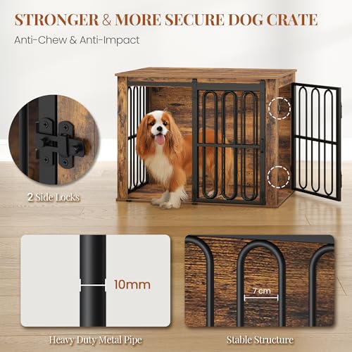 HEXCELEN Hundekäfig-Möbel aus Holz, 81 cm Hundebox für Zuhause, Hundekäfig mit 2 Türen, Schiebetüren, für Kleine, Mittlere Hunde, Robuster, Beistelltisch, 81 × 55 × 62,4 cm, Braun