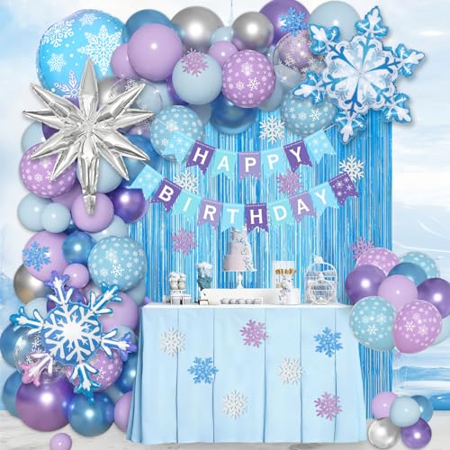 Image of Ouddy Life 190Pcs Frozenn Balloons Arch Kit Winter Wonderland Party Decor | Blue Purple Confetti Snowflake Balloons Fringe Curtain Birthday Banner, Princess Winter Wonderland Girl Party Decorations