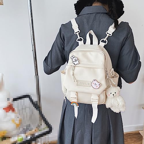 AlmondJoy Mini Backpack Aesthetic Backpack Cute Canvas Backpack Casual Travel Daypacks Solid Color (Bag Badge Bear,White)4