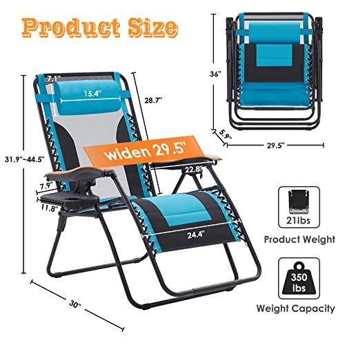 Farini Zero Gravity Chair Lounge Chair Outdoor, Xxl Reclining Patio Chair With Mesh Back Adjustable Pillow And Detachable Cup Holder, Oversized Support 350 Lbs, Black And Sky Blue #TOP2