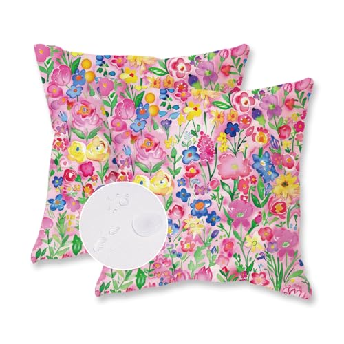 TAJWE Outdoor Pillow Covers 18x18 Inch Set of 2 Colorful Floral Waterproof Throw Pillowcases Modern Farmhouse Wild Flower Decorative Square Cushion Cases for Patio Furniture Garden Bench Porch Decor