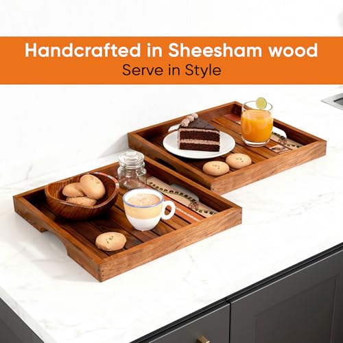 Image of AAKRITI ART CREATIONS Rosewood Tray Set of 2 | Handcrafted Floral Art | Natural Brown Wooden Trays & Platters with Handle | Matte Finish Home Trays | Trays for Dining Table & Kitchen Organizer