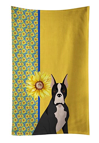Caroline's Treasures WDK5347KTWL Summer Sunflowers Black Boxer Kitchen Towel Dish Cloths Guest Hand Towel Decorative Bathroom Towel for Face,Tea, Dishcloth, Kitchen and Bath