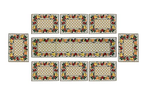 Image of Jacquard Cotton Rectangular Dining Table Runner 4 Seater with Mat | Anti Skid Table Mats Set of 4 and Runner Cloth Kitchen Placemat Set Washable and Heat Resistant, Net Flower
