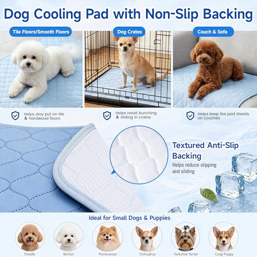 Image of PatiencET Dog Cooling Mat, 22 x 28 in No-Gel Cooling Pad for Small Dogs, Puppies and Cats, Cool Touch Nylon Pet Mat, Washable Summer Dog Mat for Crate, Floor, Sofa, Car, Blue