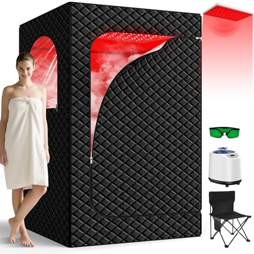Portable Infrared Sauna Box for Home, Full Body Steam Sauna Tent with 660nm & 850nm Red Light Therapy Lamp, 3L 1200W Fast-Heating Steamer, Adjustable Temp & Remote Control for Relaxation, Detox