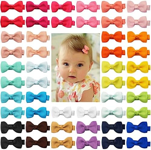 CELLOT Baby Hair Clips Baby Girls Fully Lined Baby Bows Hair Pins Tiny 2" Hair Bows Alligator Clips for Girls Infant Toddlers (2 Inch (Pack of 50), 25 Colors In pairs)
