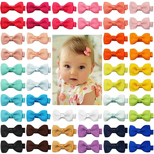 Image of Baby Hair Clips CELLOT 50 Pieces 25 Colors in Pairs Baby Girls Fully Lined Baby Bows Hair Pins Tiny 2" Hair Bows Alligator Clips for Baby Girls Infants Toddlers