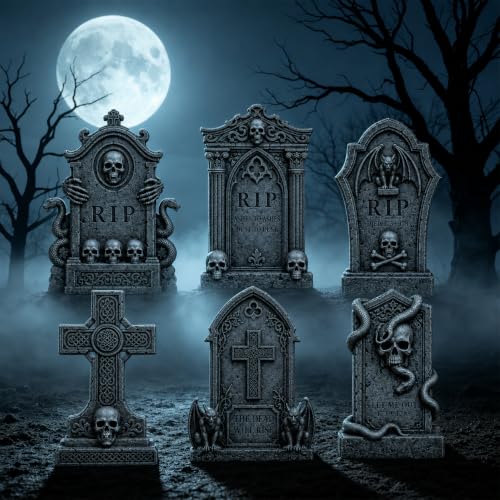 Graveyard Halloween Tombstones Decorations Outdoor: 6 Pcs Large Tombstone Halloween Yard Signs with Stakes, Realistic Scary Skeleton RIP Gravestones Lawn Cemetery Halloween Decor Front Lawn Garden Haunted House Props - image 4