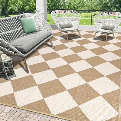 HEBE Checkered Outdoor Rug Waterproof 8x10, Reversible Plastic Straw Rug RV Camping Rug, Indoor Outdoor Patio Mat Clearance, Outside Carpet for Porch,Deck,Camper,Balcony,Backyard,Picnic