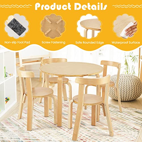 Honey Joy Kids Table And Chair Set, Bentwood Toddler Round Table And 4 Chairs For Craft Art, Building Block, 5-Piece Children Furniture Set For Daycare, Kindergarten, Playroom (Natural) #TOP1