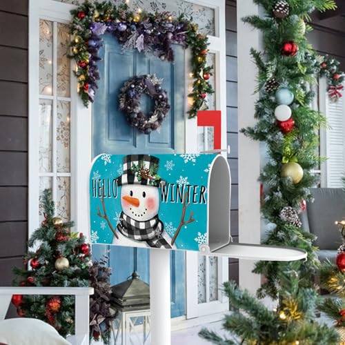 Image of Hello Winter Snowman Blue Mailbox Cover Magnetic Standard Size