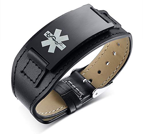 Custom Free Engraving Black Wide Stainless Steel&Leather Adjustable Medical Alert ID Bracelets Wristb