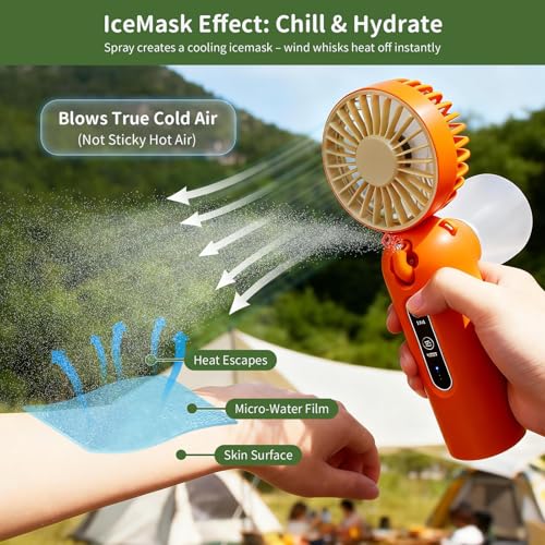 Weljoy Ventilateur brumisateur portable, 2 en 1 avec batterie de 4000 mAh, réservoir d'eau de 115 ml, 4 niveaux de vitesse, rechargeable de type C, camping en plein air (orange) – vue 2