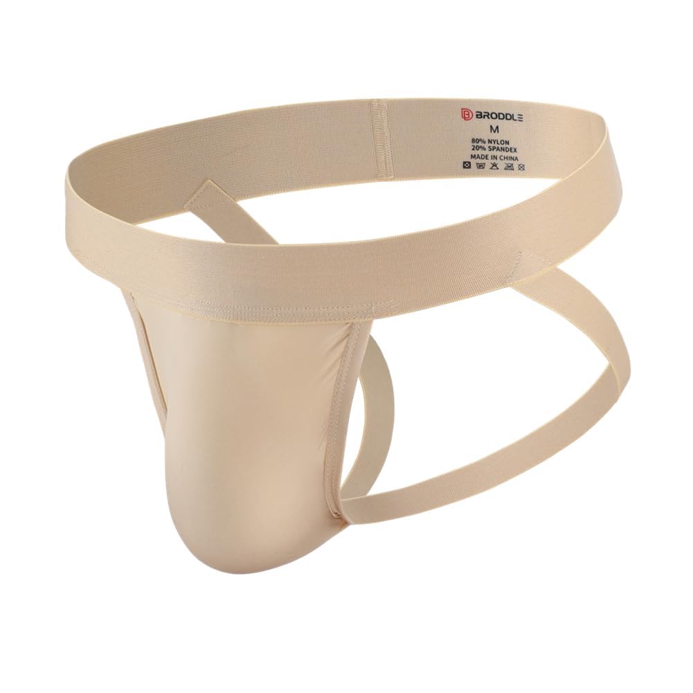 Broddle Men's Beige Jockstrap Stretchy Nylon Pouch Workout Performance Athletic Supporters For