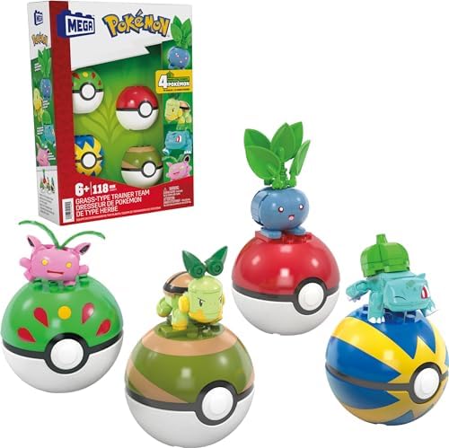 Mega Pokemon Action Figure Building Toys, Grass-Type Trainer Team with 118 Pieces, Poseable Bulbasaur Turtwig Hoppip Oddish, for Kids