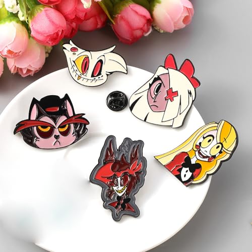 Image of Hazbin Hotel Brooch Set 5pcs Cartoon Brooch Pin Jewelry Accessory for Women Girls Alloy Anime Lapel Brooch (Colours)