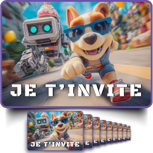 NOZHAM 10 Einladungskarten zum Kindergeburtstag + bedruckte Umschläge – Thema [Einhorn/Hund/Roboter] – Postkartenformat – Premium-Papier 350 g/m² (Roboterhund – ich begrüße dich!)