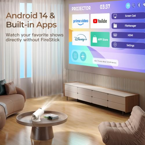Image of [Built-in Apps & 2026 Upgraded] Mini Projector with Wi-Fi 6 & Bluetooth 5.4, 1080P 4K Support Full HD, Auto Keystone 360 Portable Home Cinema Smart Projector for iOS /Android X1