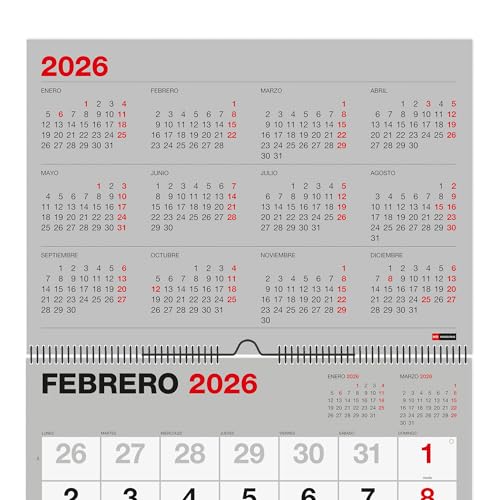 Miquelrius Wandkalender 2026 Basic mit großen Zahlen, Jahresplaner A3: 420 x 296 mm, mit Notizfeld, Doppelspiralbindung, 12 Monate, Spanisch