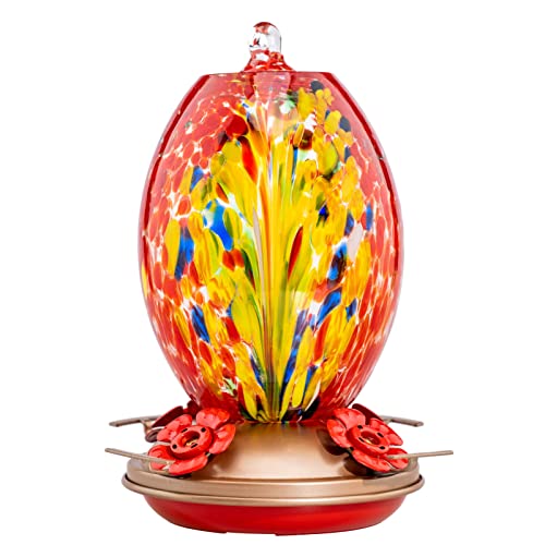 Muse Garden Glass Humming Bird Feeders for Outdoors - 27OZ Blown Glass Hummingbird Feeder - Unique Gift for Mom Bird Lovers Women, Outdoors Hanging Garden Decor, Includes Ant Moat & Brush, Red Phoenix