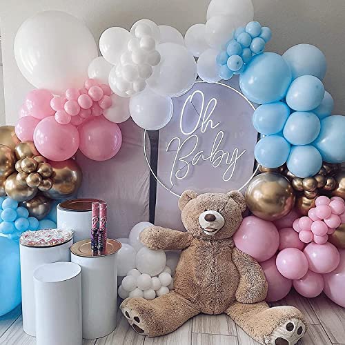 Image of Pink Blue White Balloons,60 Pcs 12 inch Pink Blue and White Pastel Gold Blue Confetti Latex Balloons with 2rolls 33ft Ribbon For Birthday Baby Shower Gender Reveal Party Supplies and Decorations