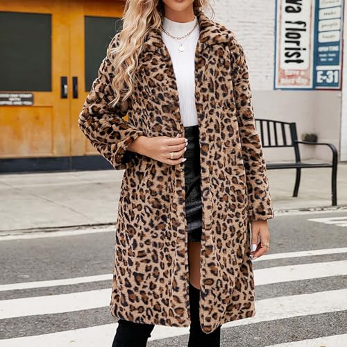 Leopard Coat for Women Faux Fur Winter Warm Stand Collar Long Sleeve Fuzzy Fleece Cardigan Coat Lightweight Outerwear2