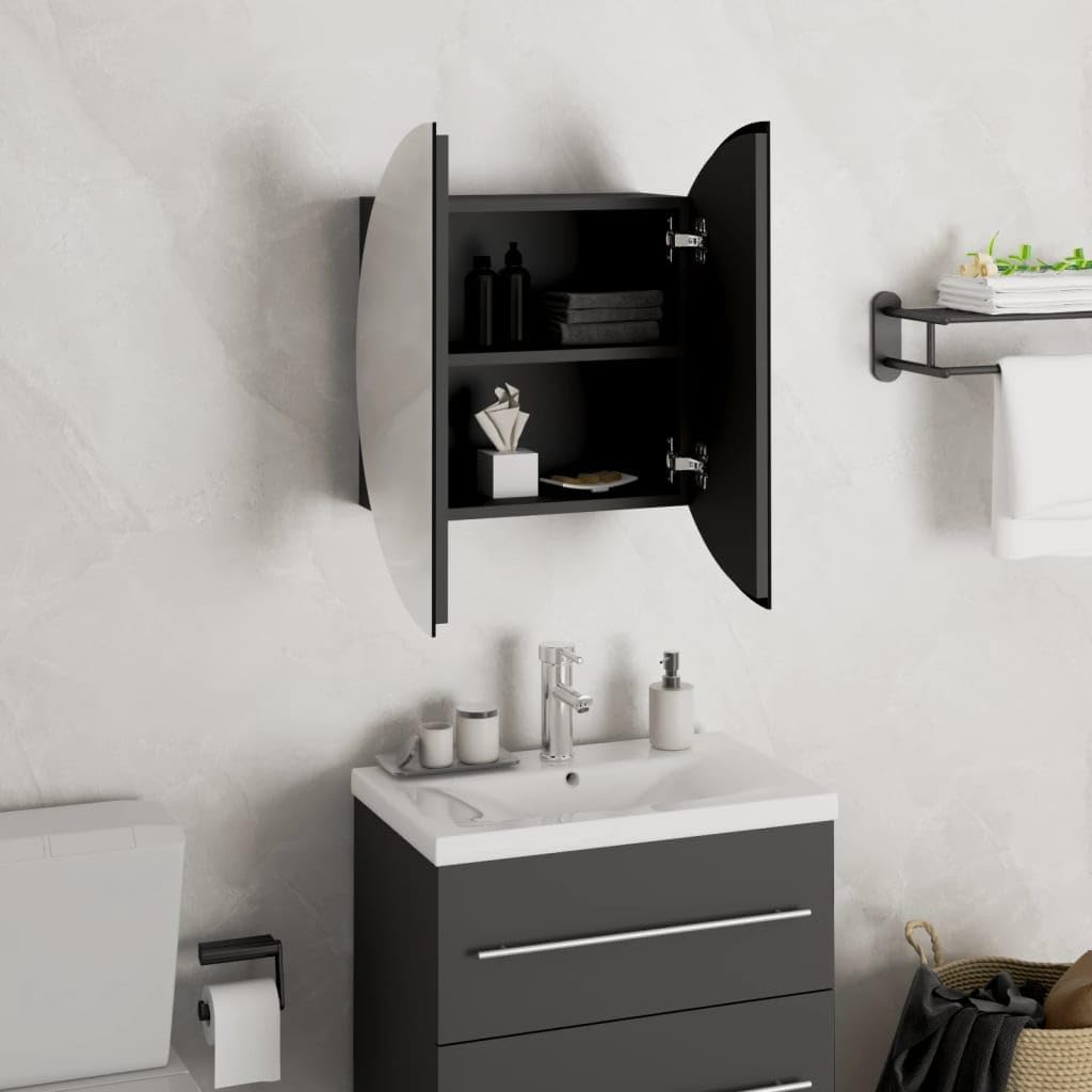 LED Bathroom Cabinet Black 40 x 40 x 17.5 cm with Round Mirror Wood Composite Storage Space for Make-Up Bathroom Furniture Modern for Small Bathrooms and Guest Toilet