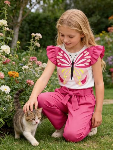 Image of Toddler Kid Girl Clothes Casual Ruffle Sleeve Floral Printed Top Solid Pants with Belt 3PC Outfit Set